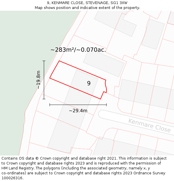 9, KENMARE CLOSE, STEVENAGE, SG1 3XW: Plot and title map