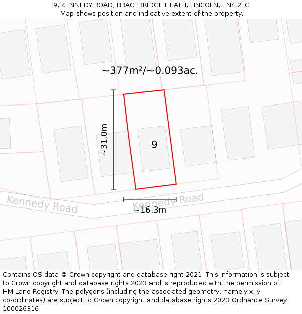 9, KENNEDY ROAD, BRACEBRIDGE HEATH, LINCOLN, LN4 2LG: Plot and title map