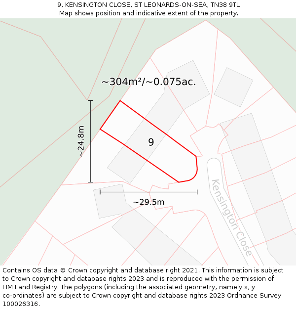 9, KENSINGTON CLOSE, ST LEONARDS-ON-SEA, TN38 9TL: Plot and title map