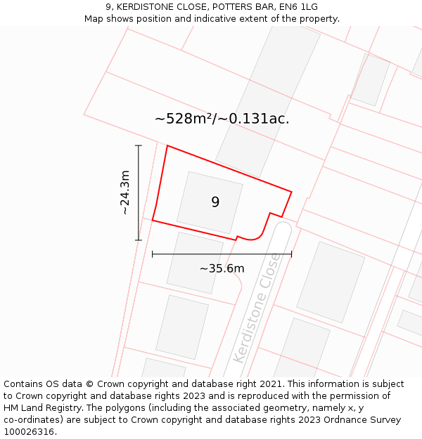 9, KERDISTONE CLOSE, POTTERS BAR, EN6 1LG: Plot and title map