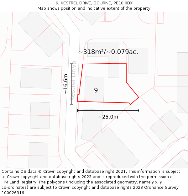 9, KESTREL DRIVE, BOURNE, PE10 0BX: Plot and title map