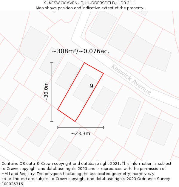 9, KESWICK AVENUE, HUDDERSFIELD, HD3 3HH: Plot and title map