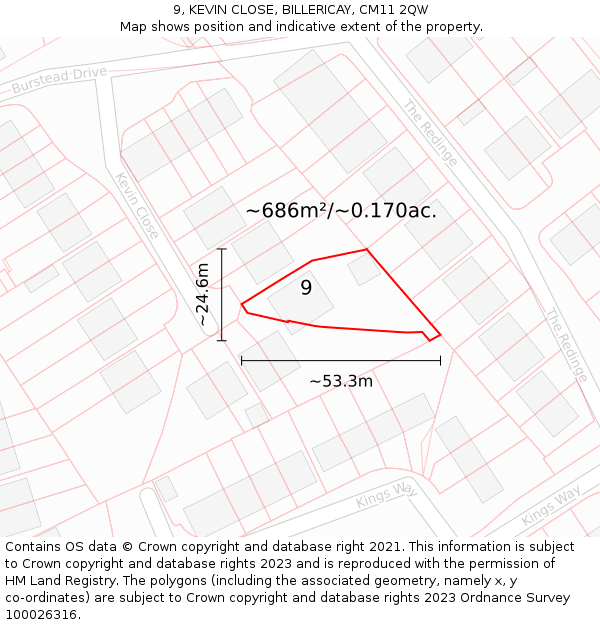 9, KEVIN CLOSE, BILLERICAY, CM11 2QW: Plot and title map