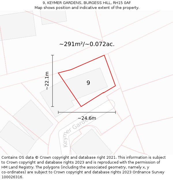 9, KEYMER GARDENS, BURGESS HILL, RH15 0AF: Plot and title map