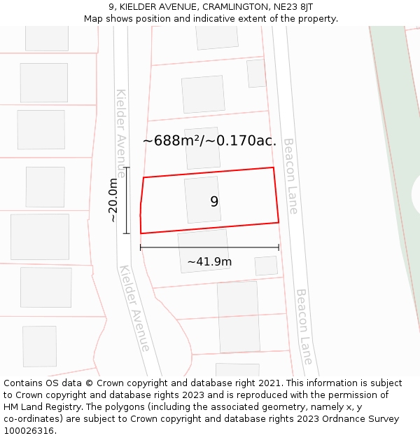 9, KIELDER AVENUE, CRAMLINGTON, NE23 8JT: Plot and title map