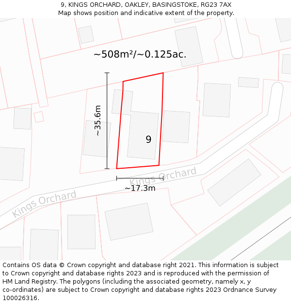 9, KINGS ORCHARD, OAKLEY, BASINGSTOKE, RG23 7AX: Plot and title map