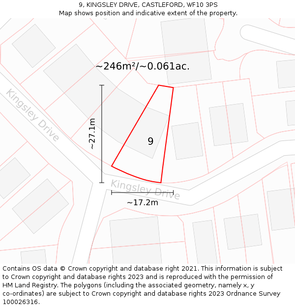 9, KINGSLEY DRIVE, CASTLEFORD, WF10 3PS: Plot and title map