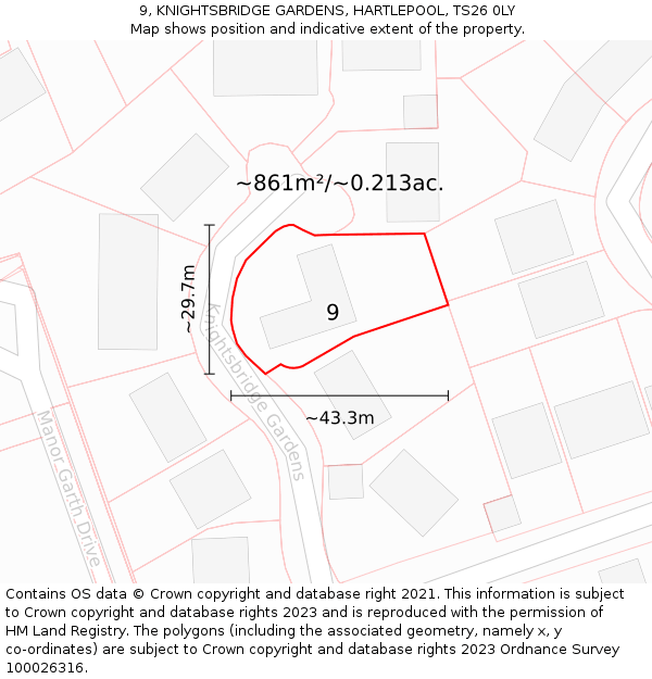 9, KNIGHTSBRIDGE GARDENS, HARTLEPOOL, TS26 0LY: Plot and title map