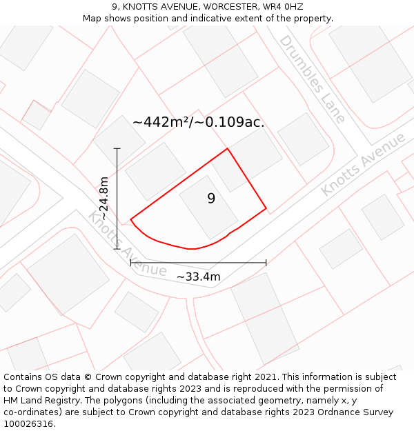 9, KNOTTS AVENUE, WORCESTER, WR4 0HZ: Plot and title map