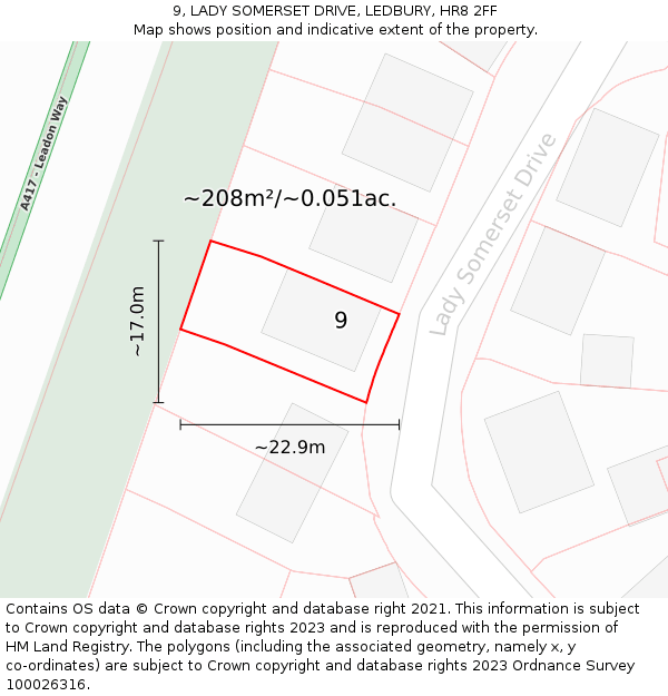 9, LADY SOMERSET DRIVE, LEDBURY, HR8 2FF: Plot and title map