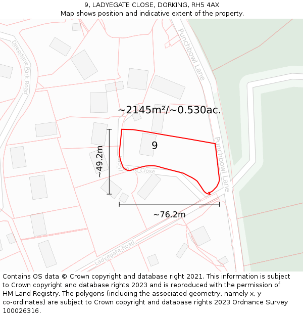 9, LADYEGATE CLOSE, DORKING, RH5 4AX: Plot and title map