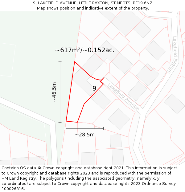 9, LAKEFIELD AVENUE, LITTLE PAXTON, ST NEOTS, PE19 6NZ: Plot and title map