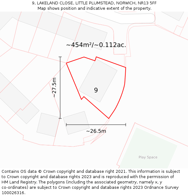 9, LAKELAND CLOSE, LITTLE PLUMSTEAD, NORWICH, NR13 5FF: Plot and title map