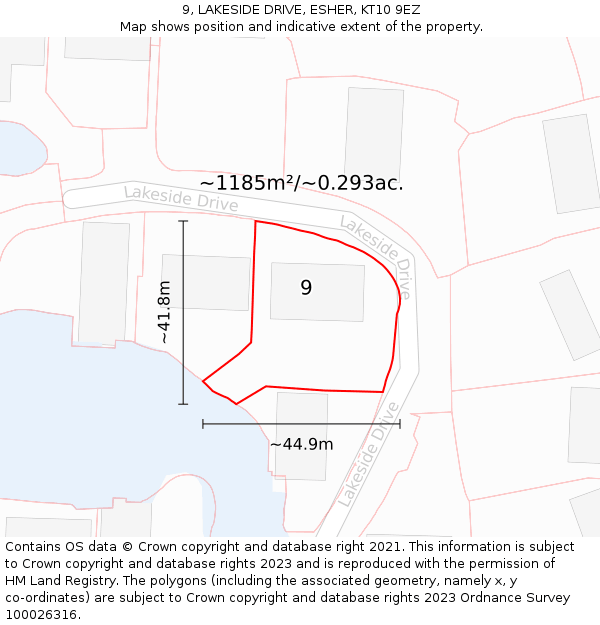 9, LAKESIDE DRIVE, ESHER, KT10 9EZ: Plot and title map