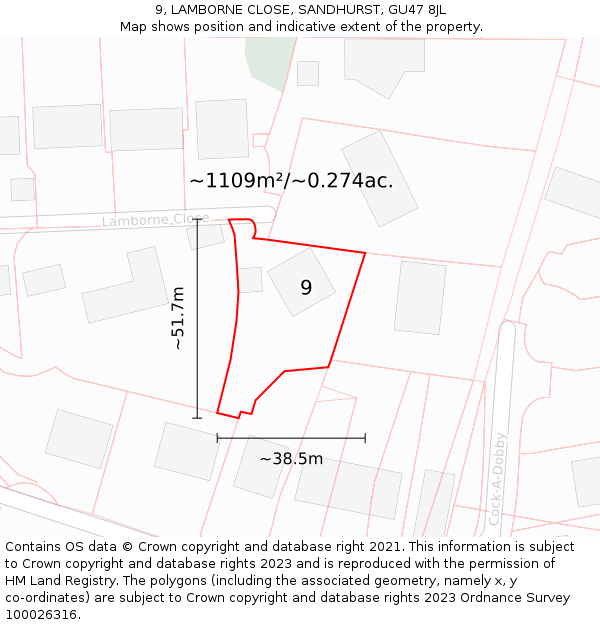 9, LAMBORNE CLOSE, SANDHURST, GU47 8JL: Plot and title map