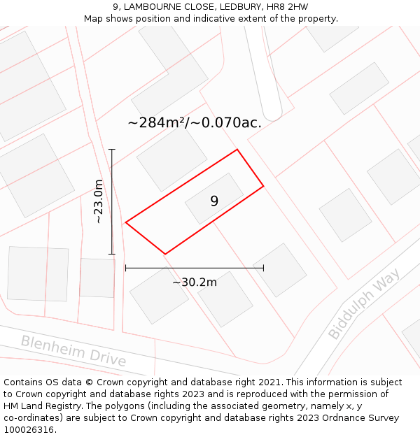 9, LAMBOURNE CLOSE, LEDBURY, HR8 2HW: Plot and title map