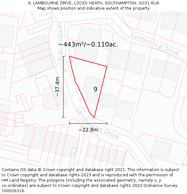 9, LAMBOURNE DRIVE, LOCKS HEATH, SOUTHAMPTON, SO31 6UA: Plot and title map