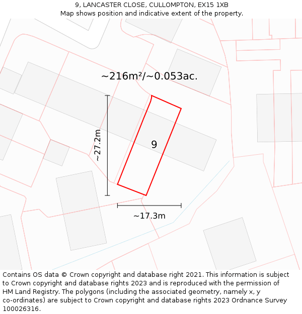 9, LANCASTER CLOSE, CULLOMPTON, EX15 1XB: Plot and title map