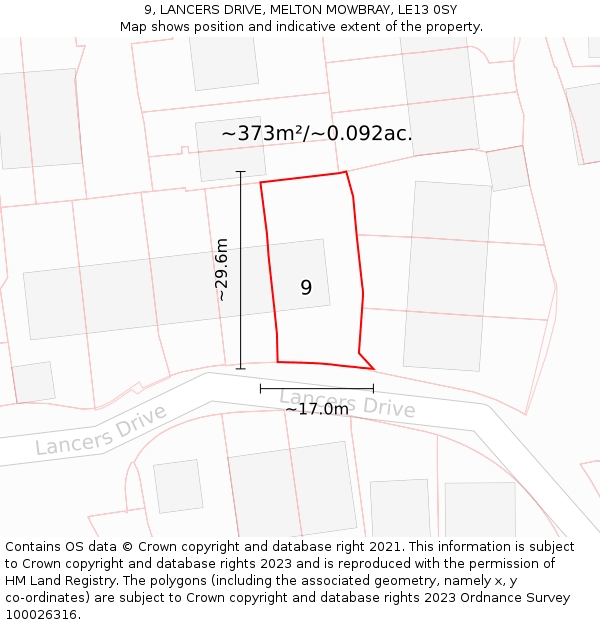 9, LANCERS DRIVE, MELTON MOWBRAY, LE13 0SY: Plot and title map