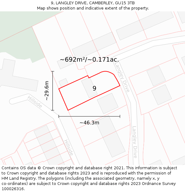 9, LANGLEY DRIVE, CAMBERLEY, GU15 3TB: Plot and title map