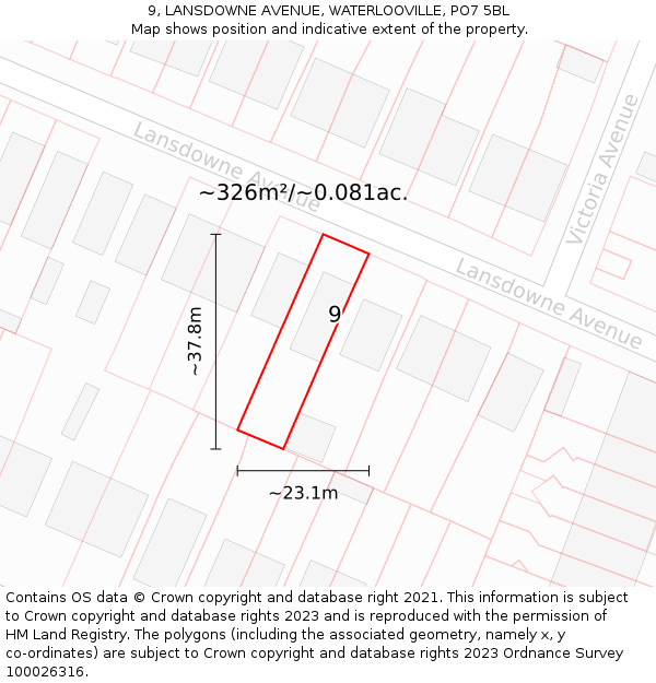 9, LANSDOWNE AVENUE, WATERLOOVILLE, PO7 5BL: Plot and title map