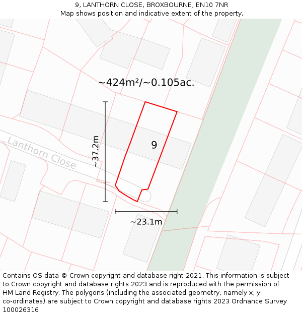 9, LANTHORN CLOSE, BROXBOURNE, EN10 7NR: Plot and title map