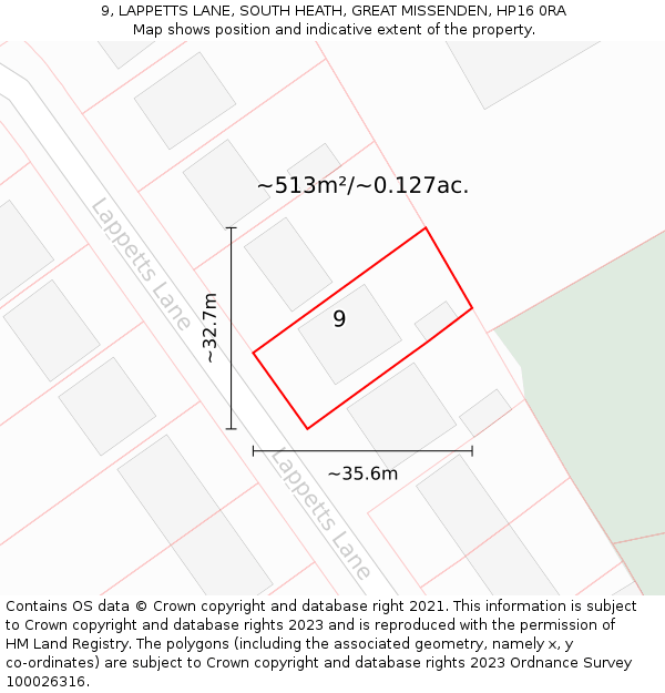 9, LAPPETTS LANE, SOUTH HEATH, GREAT MISSENDEN, HP16 0RA: Plot and title map