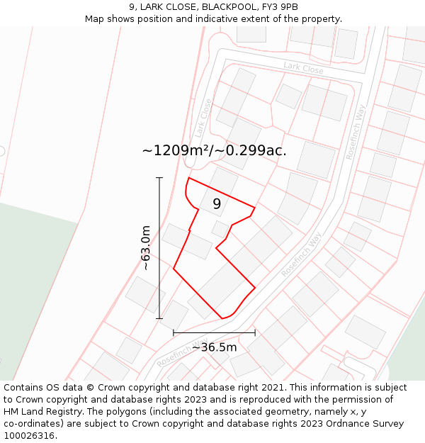 9, LARK CLOSE, BLACKPOOL, FY3 9PB: Plot and title map