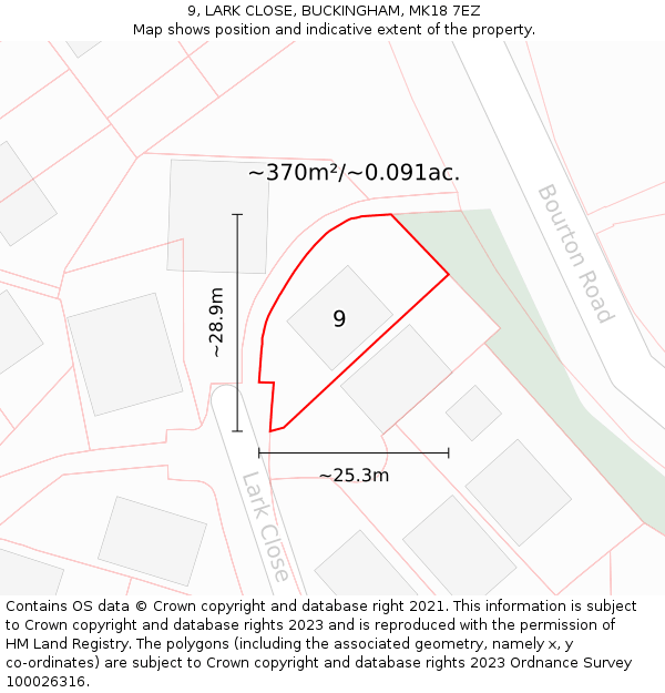 9, LARK CLOSE, BUCKINGHAM, MK18 7EZ: Plot and title map