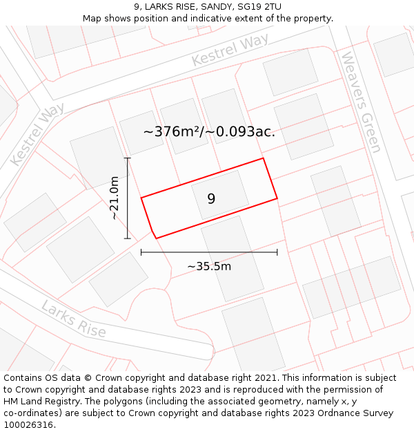 9, LARKS RISE, SANDY, SG19 2TU: Plot and title map