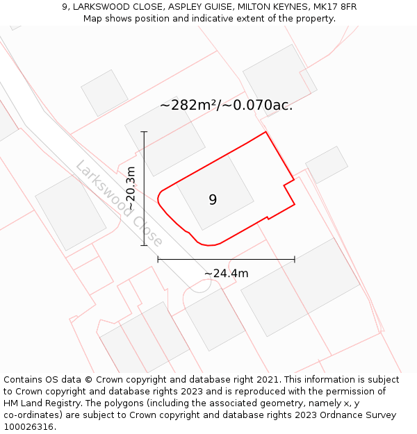 9, LARKSWOOD CLOSE, ASPLEY GUISE, MILTON KEYNES, MK17 8FR: Plot and title map