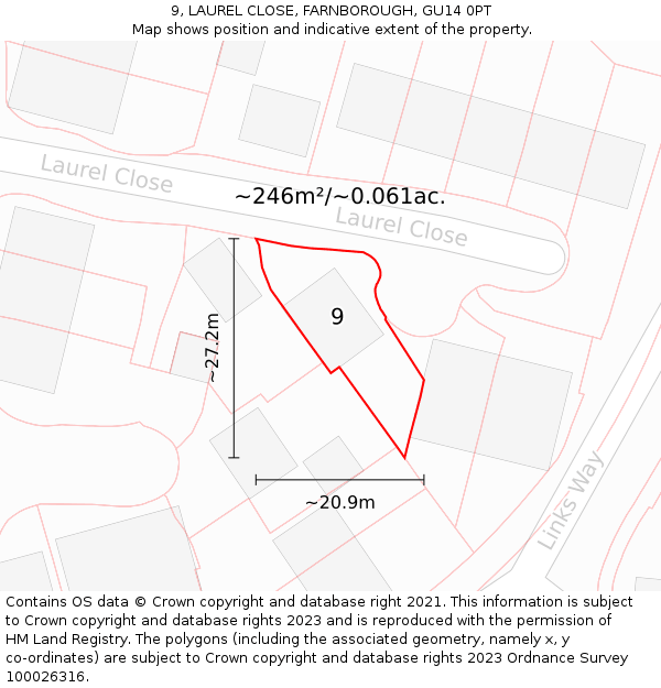 9, LAUREL CLOSE, FARNBOROUGH, GU14 0PT: Plot and title map