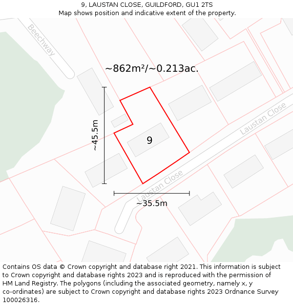 9, LAUSTAN CLOSE, GUILDFORD, GU1 2TS: Plot and title map