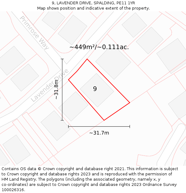 9, LAVENDER DRIVE, SPALDING, PE11 1YR: Plot and title map