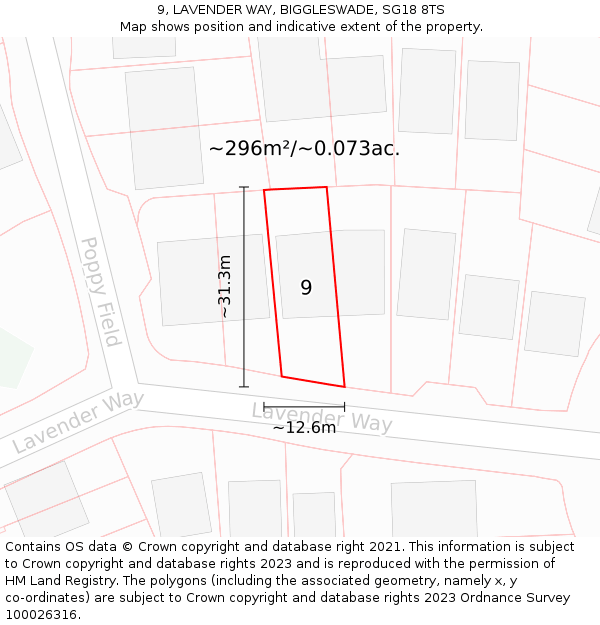 9, LAVENDER WAY, BIGGLESWADE, SG18 8TS: Plot and title map