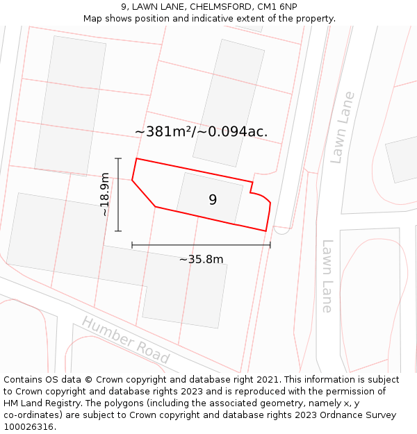 9, LAWN LANE, CHELMSFORD, CM1 6NP: Plot and title map