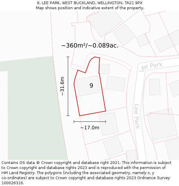 9, LEE PARK, WEST BUCKLAND, WELLINGTON, TA21 9PX: Plot and title map