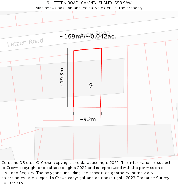 9, LETZEN ROAD, CANVEY ISLAND, SS8 9AW: Plot and title map