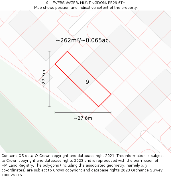 9, LEVERS WATER, HUNTINGDON, PE29 6TH: Plot and title map