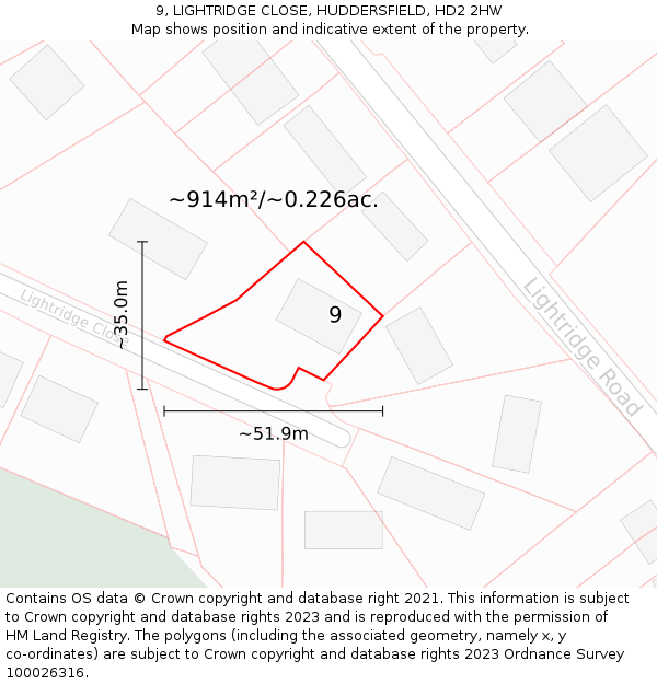 9, LIGHTRIDGE CLOSE, HUDDERSFIELD, HD2 2HW: Plot and title map