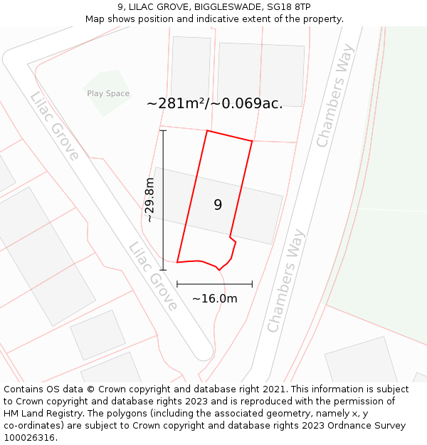 9, LILAC GROVE, BIGGLESWADE, SG18 8TP: Plot and title map