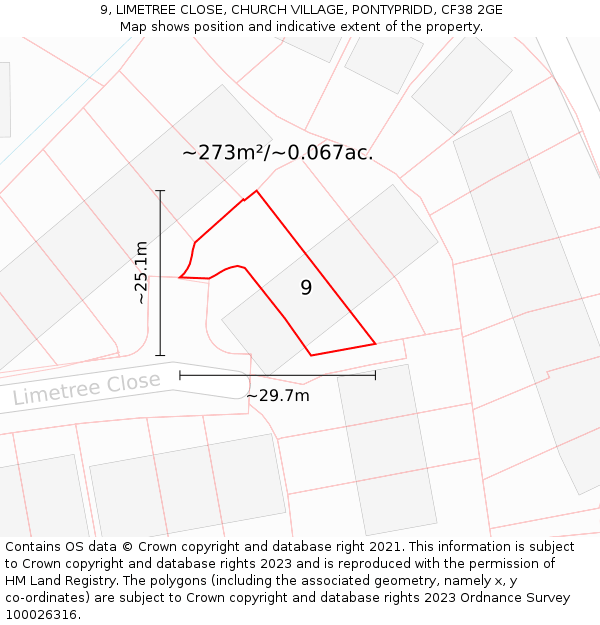 9, LIMETREE CLOSE, CHURCH VILLAGE, PONTYPRIDD, CF38 2GE: Plot and title map