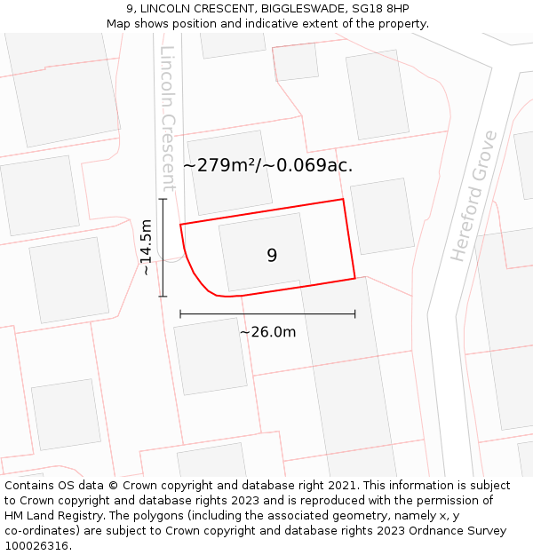 9, LINCOLN CRESCENT, BIGGLESWADE, SG18 8HP: Plot and title map