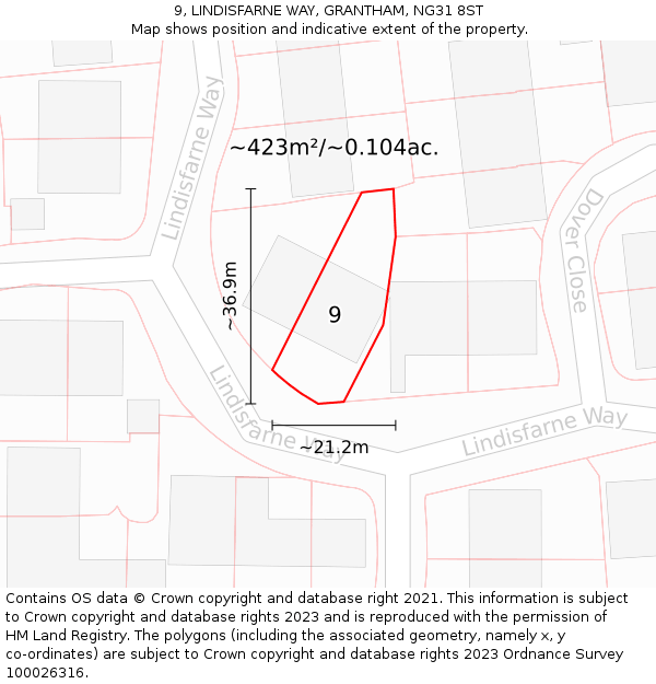 9, LINDISFARNE WAY, GRANTHAM, NG31 8ST: Plot and title map