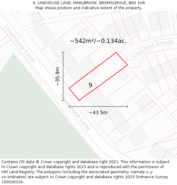 9, LINEHOUSE LANE, MARLBROOK, BROMSGROVE, B60 1HR: Plot and title map