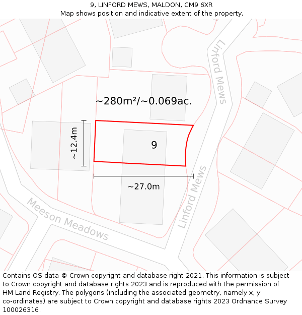 9, LINFORD MEWS, MALDON, CM9 6XR: Plot and title map