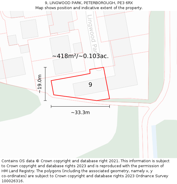 9, LINGWOOD PARK, PETERBOROUGH, PE3 6RX: Plot and title map