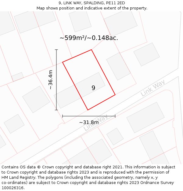 9, LINK WAY, SPALDING, PE11 2ED: Plot and title map