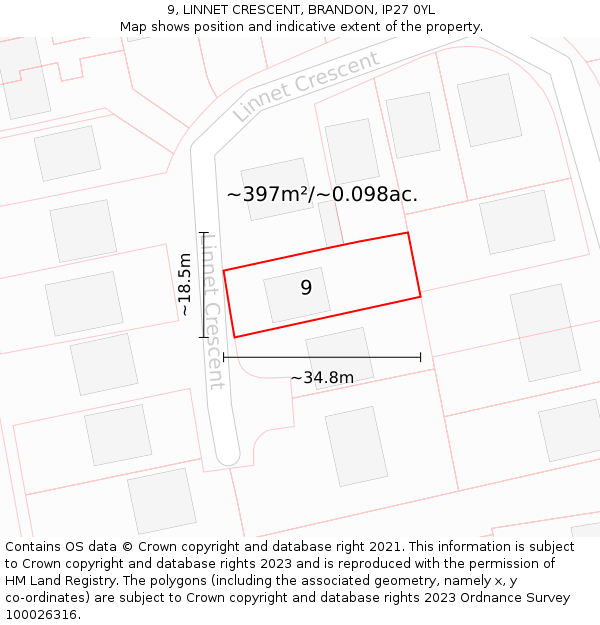 9, LINNET CRESCENT, BRANDON, IP27 0YL: Plot and title map