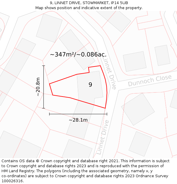 9, LINNET DRIVE, STOWMARKET, IP14 5UB: Plot and title map